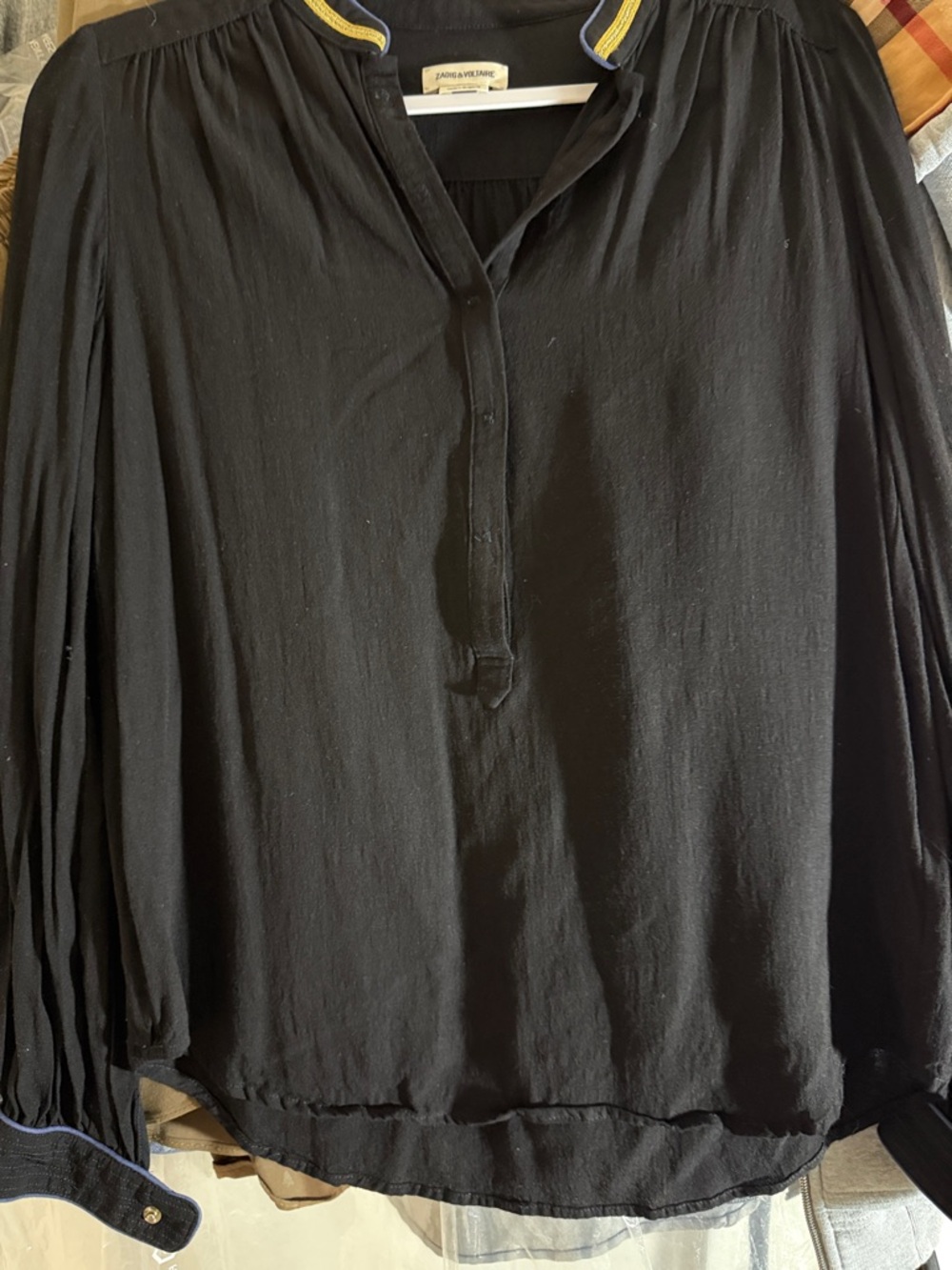 Zadig & Voltaire Black Blouse with Gold and Blue Trim